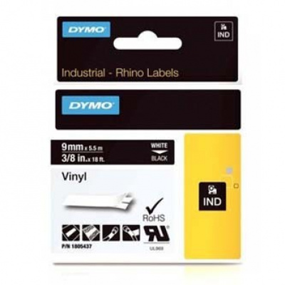 Dymo Rhino 1805437, 9mm x 5,5m, бял печат/черен фон, оригинална лента
