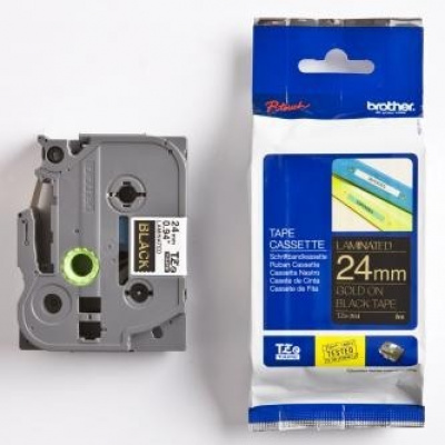 Brother TZ-354 / TZe-354, 24mm x 8m, златен печат / черен фон, оригинална лента