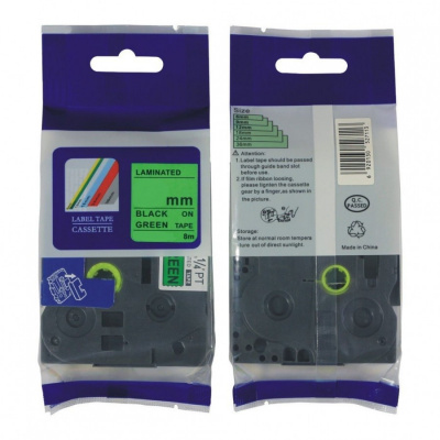 Brother HGe-721, 9mm x 8m, черен печат / зелен фон, бързоходен съвместима лента