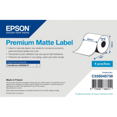 Epson C33S045739 Preмiuм Matte, за ColorWorks, 203ммx60м, бели самозалепващи етикети