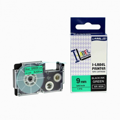 Съвместима лента с Casio XR-9GN1, 9mm x 8m черен печат / зелен фон
