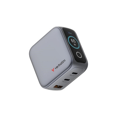 VERBATIM Мини GaN зарядно устройство с дисплей 65W, 2xUSB-C, 1xUSB-A, сиво
