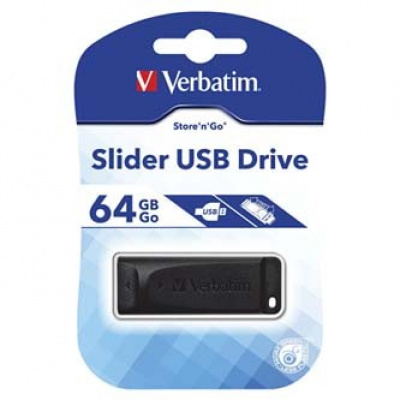 Verbatim 98698 Slider, USB флаш памет, USB A 2.0, 64GB, с изваждащ се конектор, черно