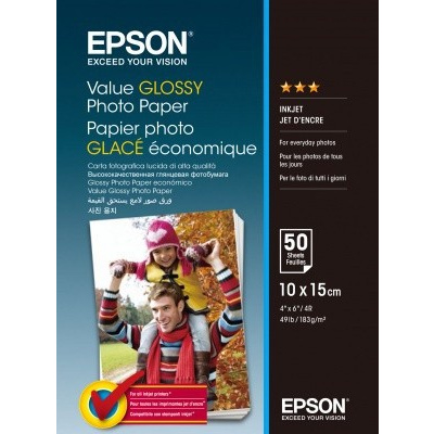 Epson Value Glossy Photo Paper C13S400038, 183 г/м2, 10x15см, 50 бр., лъскав, бял, фотографска хартия