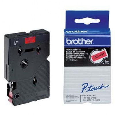 Brother TC-491, 9mm x 7,7m, черен печат / червен фон, оригинална лента