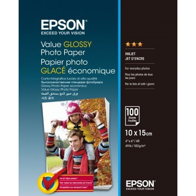 Epson Value Glossy Photo Paper C13S400039, 183 г/м2, 10x15см, 100 бр., лъскав, бял, фотографска хартия