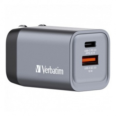 Verbatim GaN 32200, адаптер за пътуване, USB 3.0, USB C, сив, 35 W, взаимозаменяеми вилици C,G,A