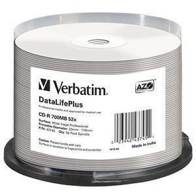 VERBATIM CD-R(50-pack) шпиндел, AZO 52X,700MB,БЯЛА ШИРОКА ПОВЪРХНОСТ ЗА ПЕЧАТ БЕЗ ID