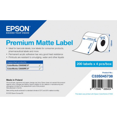 Epson C33S045738 Preмiuм Matte, за ColorWorks, 210x297мм, 200 бр, бели самозалепващи етикети