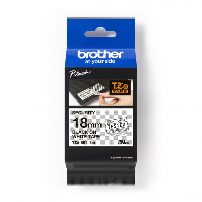 Brother TZe-SE4 Pro Tape, 18mm x 8m, бял печат/черен фон, оригинална лента