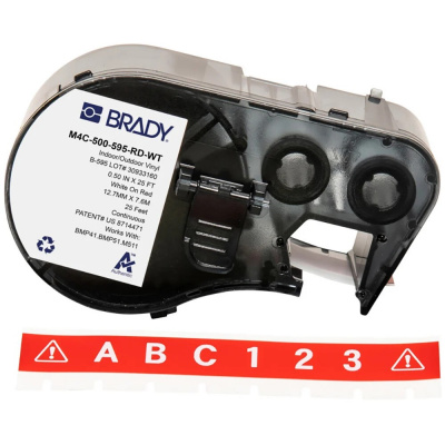 Brady M4C-750-595-RD-WT / 170829, 19.05 mm x 7.62 m, Винил, бял печат / червен фон