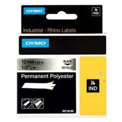 Dymo Rhino 18486, S0718180, 12mm x 5,5m черен печат / метална фон, оригинална лента