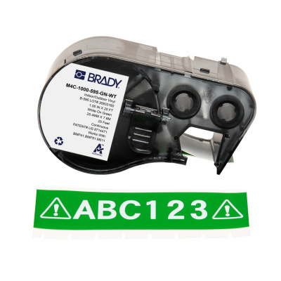 Brady M4C-1000-595-GN-WT / 170839, 25.40 mm x 7.62 m, Винил, бял печат / зелен фон