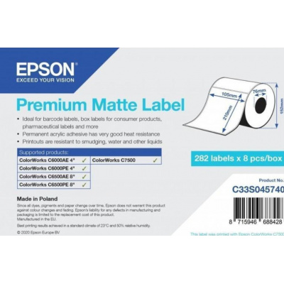 Epson C33S045740 Preмiuм Matte, за ColorWorks, 105x210мм, 282 бр, бели самозалепващи етикети