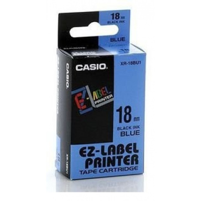 Casio XR-18BU1, 18mm x 8m, черен печат/синьо фона, оригинален лента