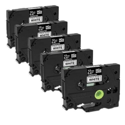 Brother HGe-231, 12mm x 8m, 5 бр, черен печат / бял фон, оригинална лента