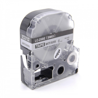 Epson LC-2SBE, SM6X, 6mm x 8m, черен печат / матов сребърен фон, съвместима лента