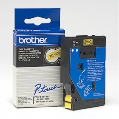 Brother TC-601, 12mm x 7,7m, черен печат / жълт фон, оригинална лента
