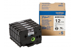 Brother HGE-M931V5, 12mm x 8m, черен печат / сребърен фон, оригинална лента, 5 бр