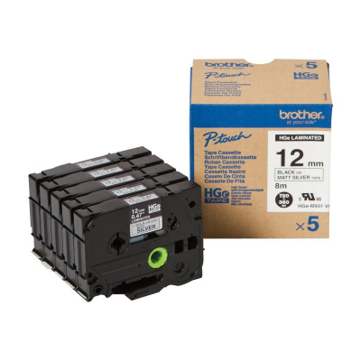 Brother HGE-M931V5, 12mm x 8m, черен печат / сребърен фон, оригинална лента, 5 бр