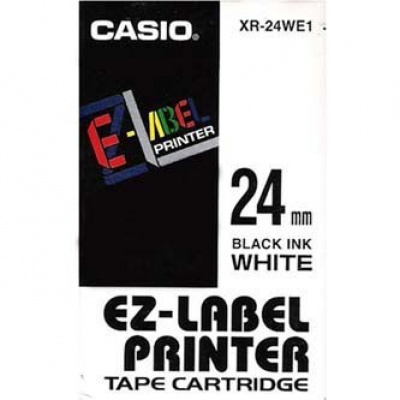 Casio XR-24WE1, 24mm x 8m, черен печат/бял фон, оригинален лента