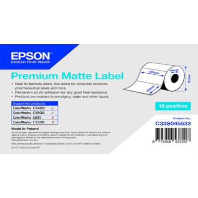 Epson C33S045533 Preмiuм Matte, за ColorWorks, 102x152мм, 225 бр, бели самозалепващи етикети
