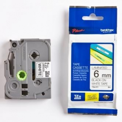 Brother TZ-211 / TZe-211, 6mm x 8m, черен печат / бял фон, оригинална лента