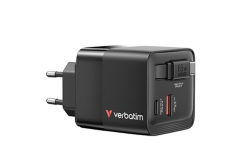 Verbatim GaN 32217, адаптер за пътуване, USB 3.0, USB C, сив, 65 W, взаимозаменяеми вилици C,G,A с вграден кабел