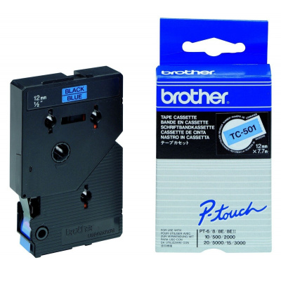 Brother TC-501, 12mm x 7,7m, черен печат / син фон, ламинирана, оригинална лента