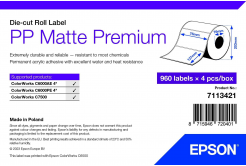 Epson 7113421 PP Matte, за ColorWorks, 76x127мм, 960 бр, полипропилен, бели самозалепващи етикети