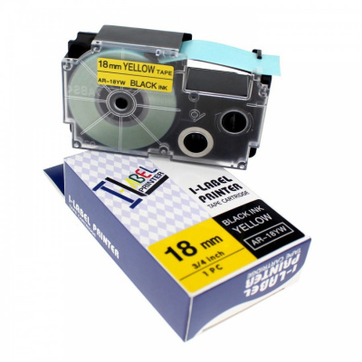 Casio R11YW (XR-18HSYW), 18mm x 2m, черен печат / жълт фон, свивам, съвместима лента