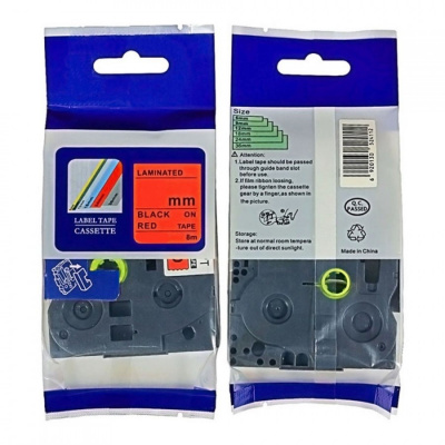 Brother HGe-411, 6mm x 8m, черен печат / червен фон, бързоходен съвместима лента