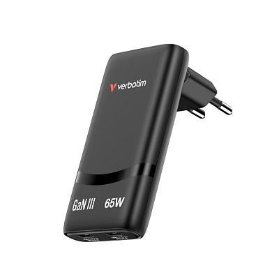 VERBATIM GaN зарядно устройство Fold 'n' Go 65W, 2xUSB-C, черно