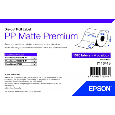 Epson 7113418 PP Matte, за ColorWorks, 102x76мм, 1570 бр, полипропилен, бели самозалепващи етикети