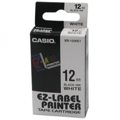 Casio XR-12WE1, 12mm x 8m, черен печат/бял фон, оригинален лента