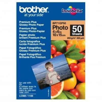 Brother Premium Glossy Photo Paper BP71GP50, 260 г/м2, 10x15см, 50 бр., лъскав, бял, фотографска хартия