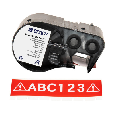 Brady M4C-1000-595-RD-WT / 170837, 25.40 mm x 7.62 m, Винил, бял печат / червен фон