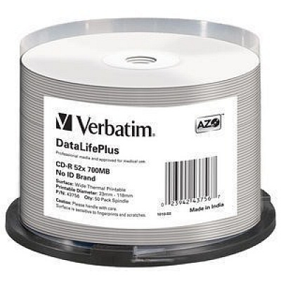 VERBATIM CD-R(опаковка от 50) шпиндел, AZO 52X,700MB,БЯЛА ШИРОКА ТЕРМОПЕЧАТАЕМА ПОВЪРХНОСТ БЕЗ ID
