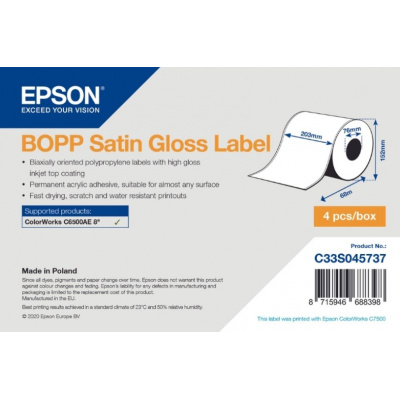 Epson C33S045737 BOPP Satin Gloss, за ColorWorks, 203ммx68м, бели самозалепващи етикети