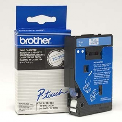 Brother TC-293, 9mm x 7,7m, син шрифт / бял фон, оригинална лента