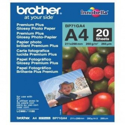 Brother Photo Paper Glossy BP71GA4, 260 г/м2, A4, 20 бр., лъскав, мастиленоструен, бял, фотографска хартия