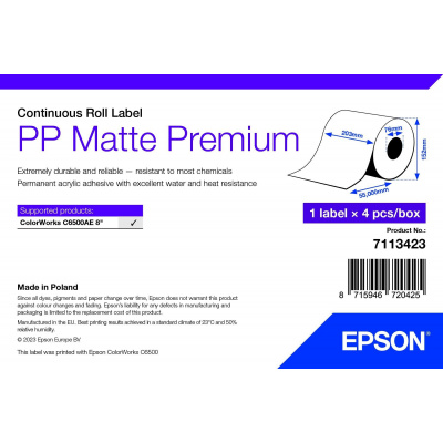 Epson 7113423 PP Matte, за ColorWorks, 210ммx55м, полипропилен, бели самозалепващи етикети