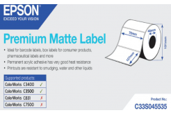 Epson C33S045535 Preмiuм Matte, за ColorWorks, 76x127мм, 265 бр, бели самозалепващи етикети
