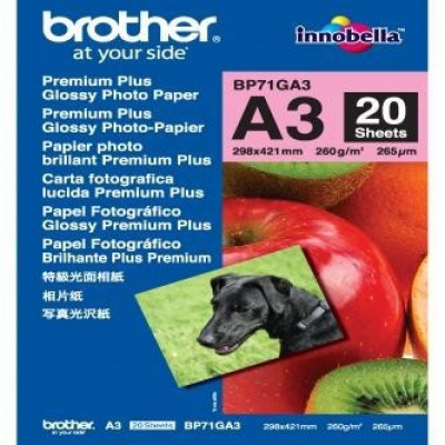 Brother Glossy Photo Paper BP71GA3, 260 г/м2, A3, 20 бр., лъскав, мастиленоструен, бял, фотографска хартия