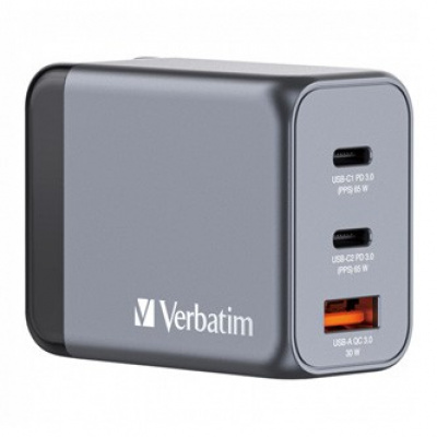 Verbatim GaN 32201, адаптер за пътуване, USB 3.0, USB C, сив, 65 W, взаимозаменяеми вилици C,G,A