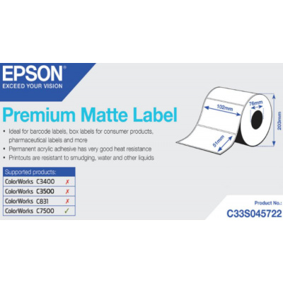 Epson C33S045722 Preмiuм Matte, за ColorWorks, 102x51мм, 2310 бр, бели самозалепващи етикети
