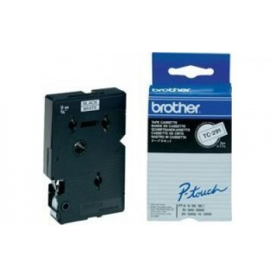 Brother TC-291, 9mm x 7,7m, черен печат / бял фон, оригинална лента