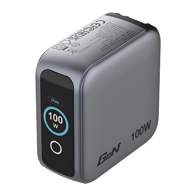 VERBATIM Мини GaN зарядно устройство с дисплей 100W, 2xUSB-C, 1xUSB-A, сиво