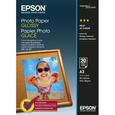 Epson Glossy Photo Paper C13S042536, 200 г/м2, A3, 20 бр., лъскав, бял, фотографска хартия