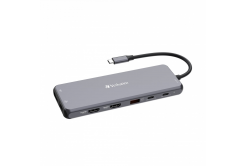 Verbatim 32153 USB-C хъб, Multiport Pro 13 Port, 6x USB-A, 2x USB-C, 2x HDMI, DP, RJ45, 3,5 мм аудио жак, сив